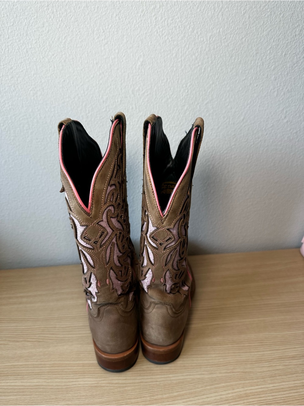 J.B. Dillon Brown Leather Western Boots with Pink Inlay - Picture 3 of 5